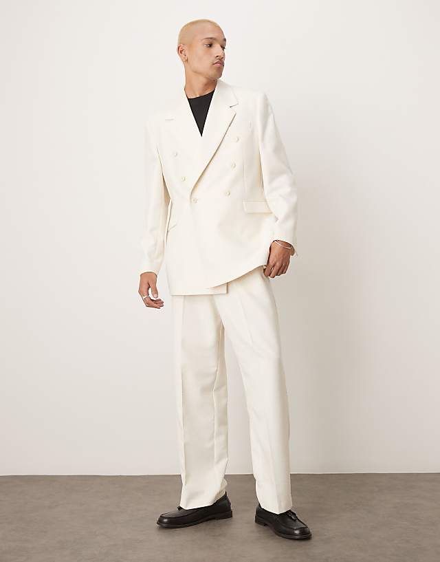 asos ASOS DESIGN double breasted relaxed longline suit in cream texture
