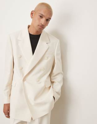 Asos ASOS DESIGN Double Breasted Relaxed Longline Suit In Cream Texture