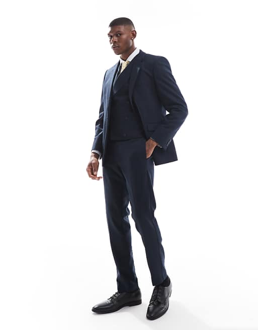 asos ASOS DESIGN double breasted skinny suit with wool in blue barleyweave