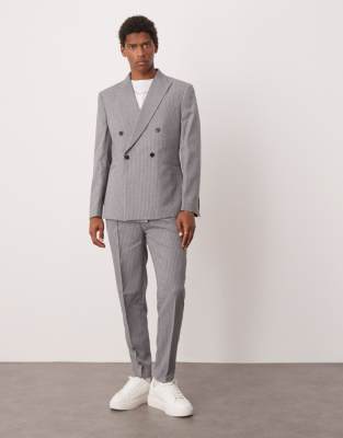 Asos ASOS DESIGN Double Breasted Slim Suit In Grey Pinstripe
