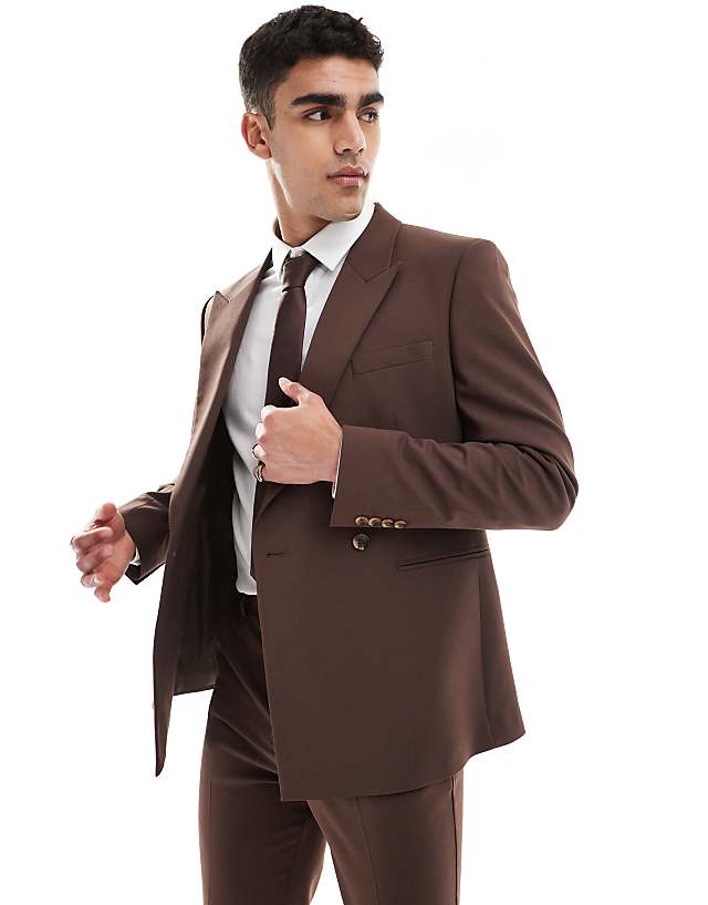 Asos ASOS DESIGN Double Breasted Slim Suit Jacket In Brown