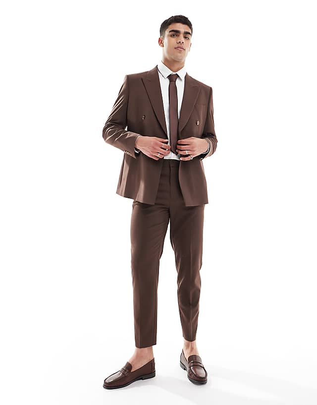 asos ASOS DESIGN double breasted slim suit jacket in brown