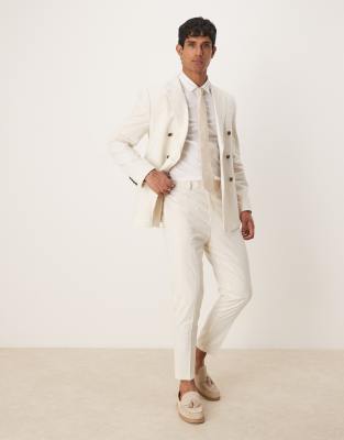 Asos ASOS DESIGN Double Breasted Slim Suit With Linen In Ecru
