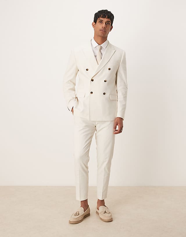 asos ASOS DESIGN double breasted slim suit with linen in ecru
