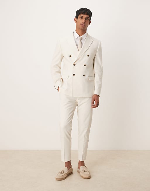 asos ASOS DESIGN double breasted slim suit with linen in ecru
