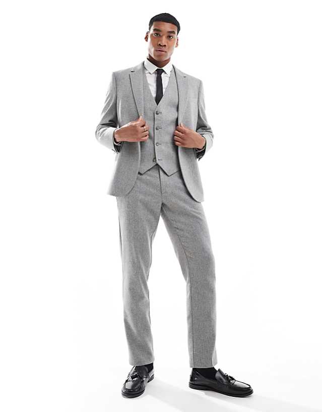 Asos ASOS DESIGN Double Breasted Slim Suit With Wool In Grey Barleyweave