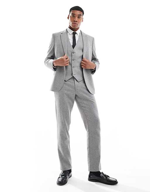 Asos ASOS DESIGN Double Breasted Slim Suit With Wool In Grey Barleyweave