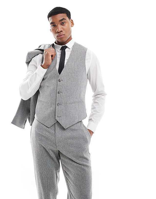 Asos ASOS DESIGN Double Breasted Slim Suit With Wool In Grey Barleyweave