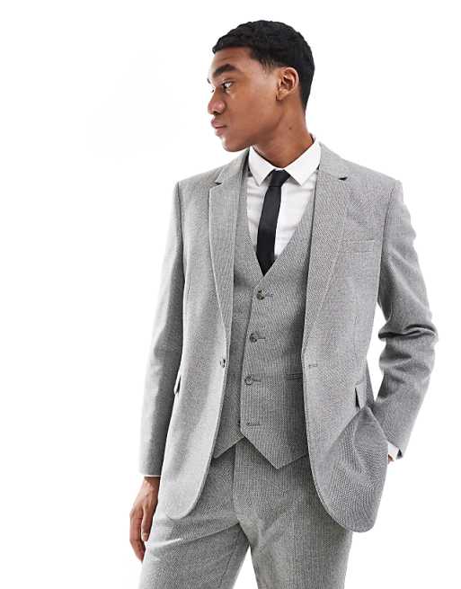Asos ASOS DESIGN Double Breasted Slim Suit With Wool In Grey Barleyweave