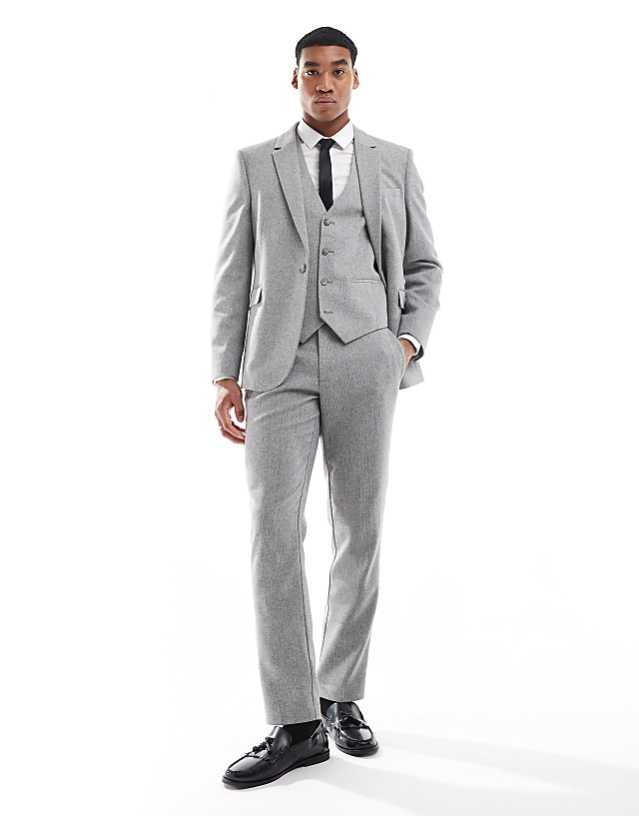 asos ASOS DESIGN double breasted slim suit with wool in grey barleyweave