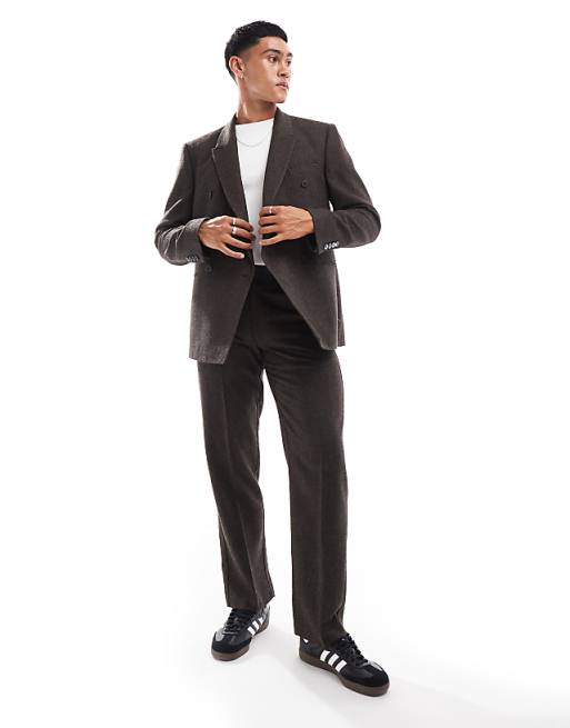 asos ASOS DESIGN double breasted wool blend suit in brown herringbone