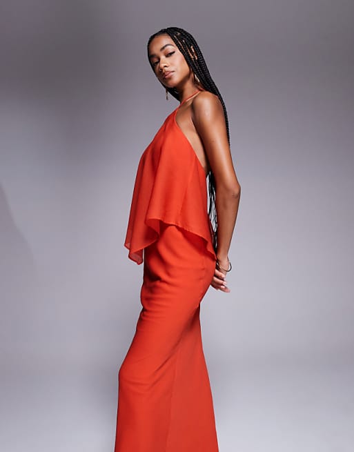 Asos ASOS DESIGN Double Layer Halter Bias Maxi Dress In Rust