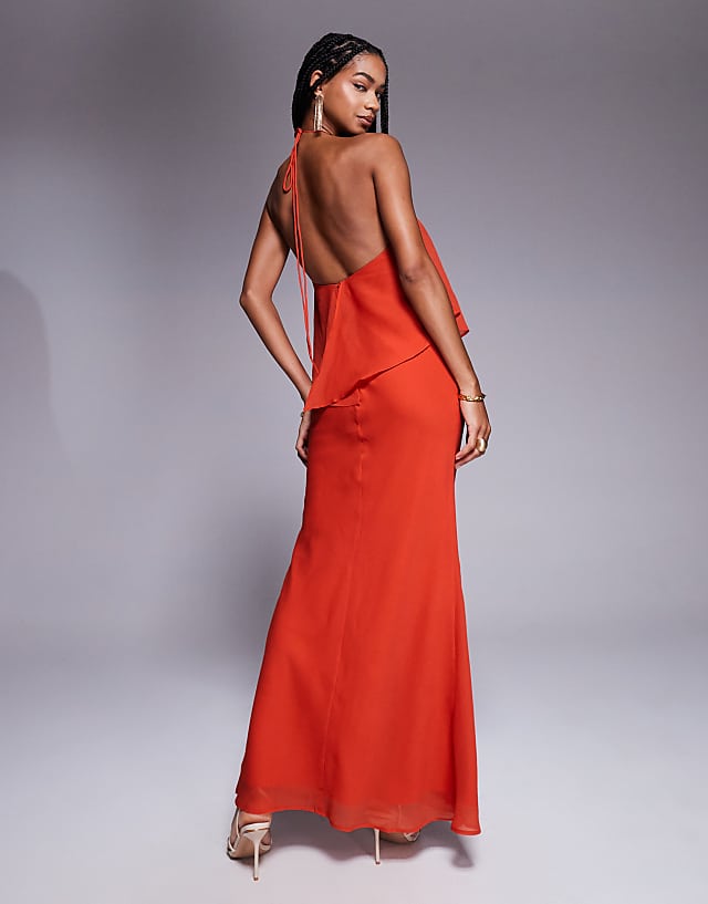 Asos ASOS DESIGN Double Layer Halter Bias Maxi Dress In Rust