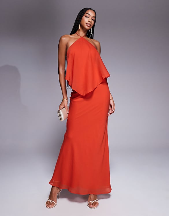 asos ASOS DESIGN double layer halter bias maxi dress in rust