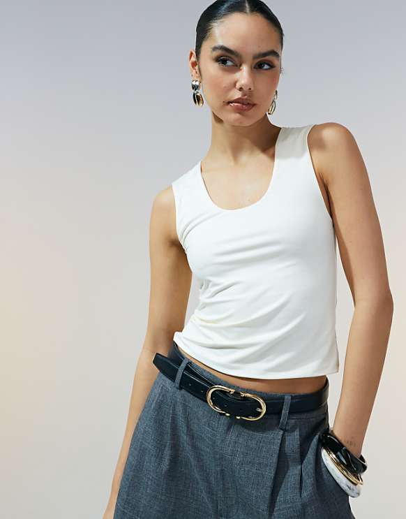 asos ASOS DESIGN double layer scoop neck vest in cream