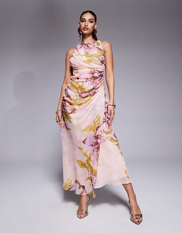 Asos ASOS DESIGN Drape Asymmetric Open Back Maxi Dress In Oversized Pink Floral Print