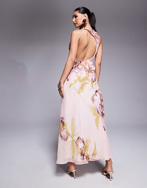 Asos ASOS DESIGN Drape Asymmetric Open Back Maxi Dress In Oversized Pink Floral Print