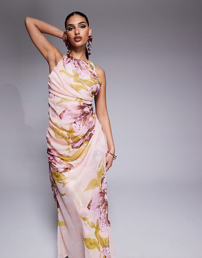 asos ASOS DESIGN drape asymmetric open back maxi dress in oversized pink floral print