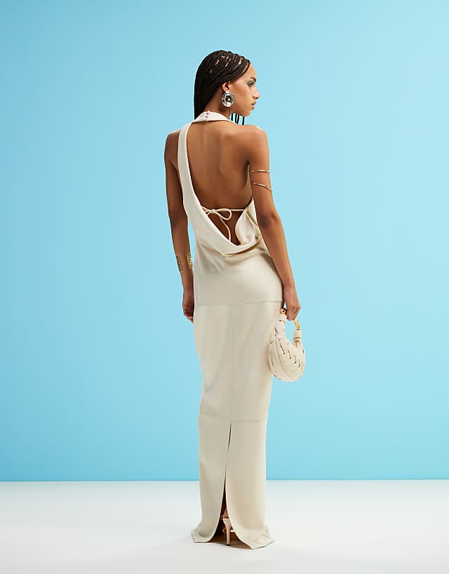 Asos ASOS DESIGN Drape Back Suede Midi Dress In Cream