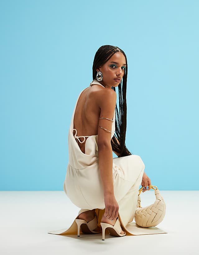 Asos ASOS DESIGN Drape Back Suede Midi Dress In Cream