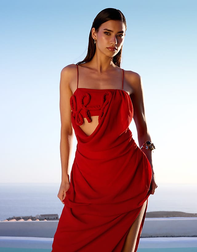 Asos ASOS DESIGN Draped Cami Maxi Dress With 3d Floral Detail In Burnt Red