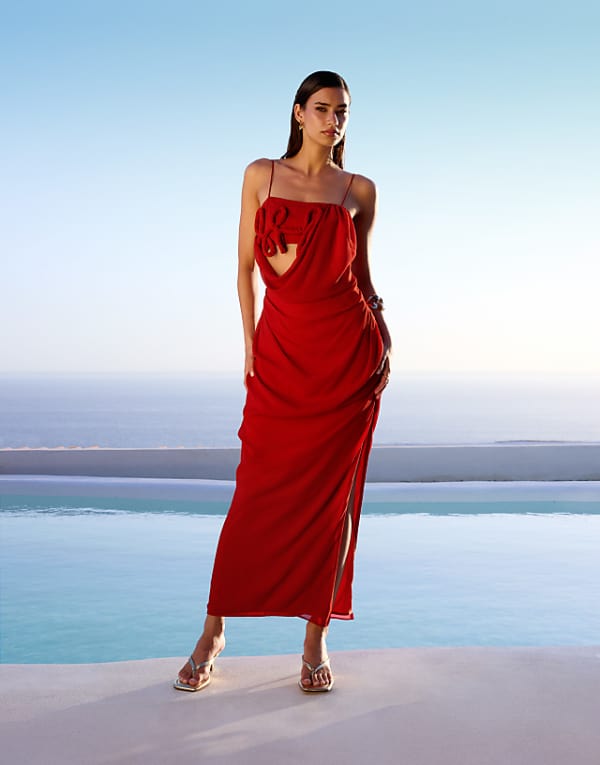 asos ASOS DESIGN draped cami maxi dress with 3d floral detail in burnt red