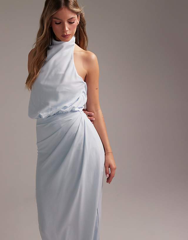 Asos ASOS DESIGN Draped Halter Column Crepe Maxi Dress In Light Blue