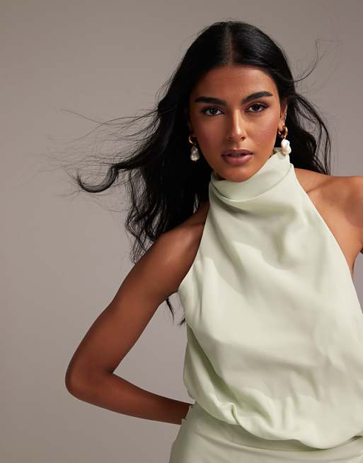 Asos ASOS DESIGN Draped Halter Column Crepe Maxi Dress In Light Green