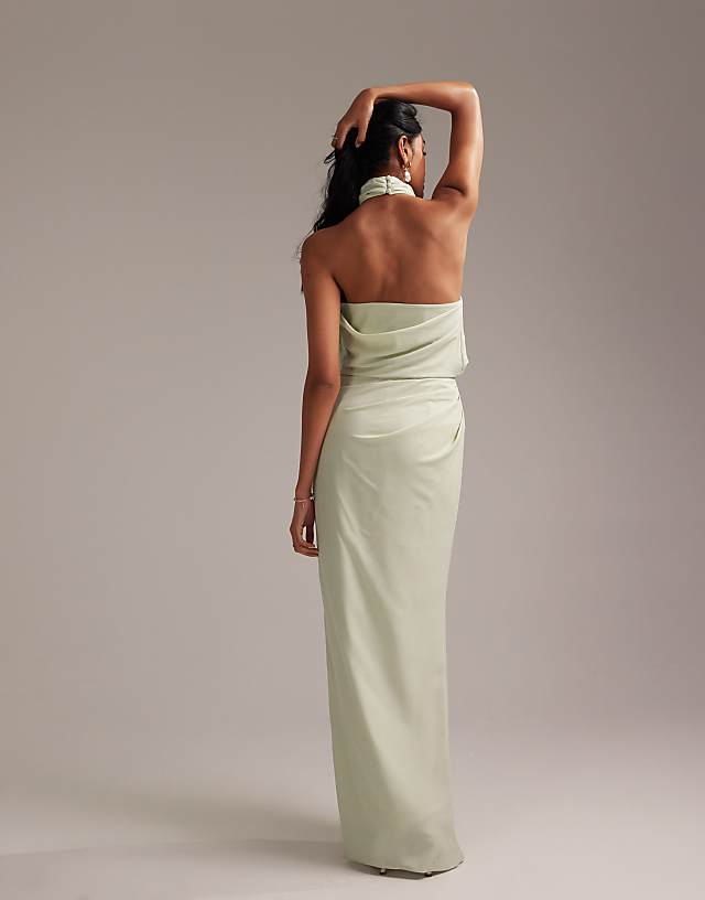 Asos ASOS DESIGN Draped Halter Column Crepe Maxi Dress In Light Green