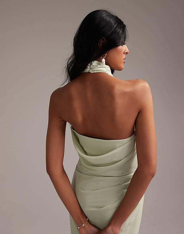 Asos ASOS DESIGN Draped Halter Column Crepe Maxi Dress In Light Green