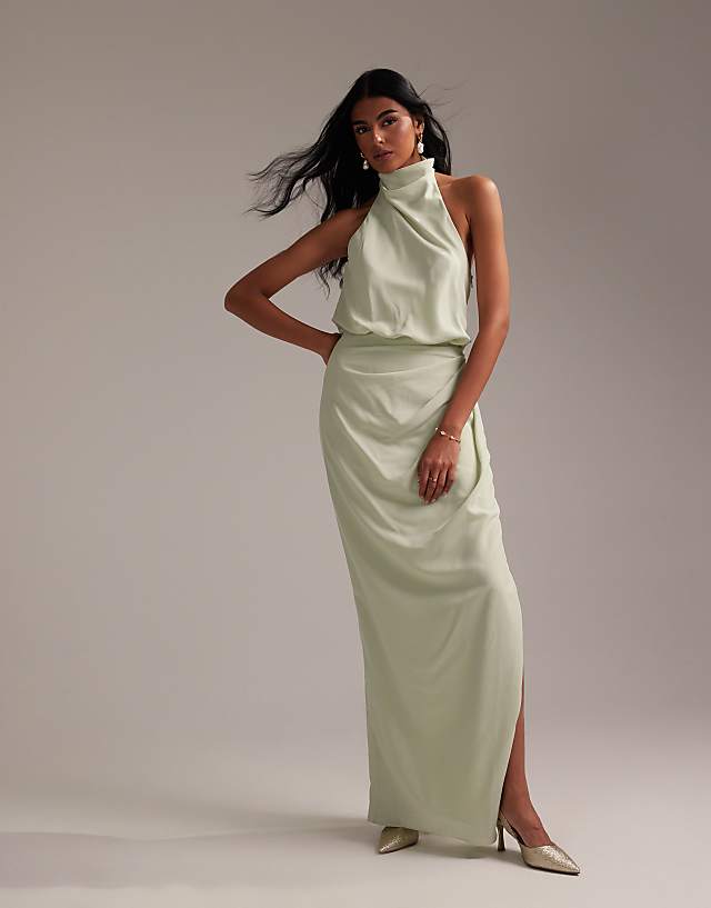 asos ASOS DESIGN draped halter column crepe maxi dress in light green