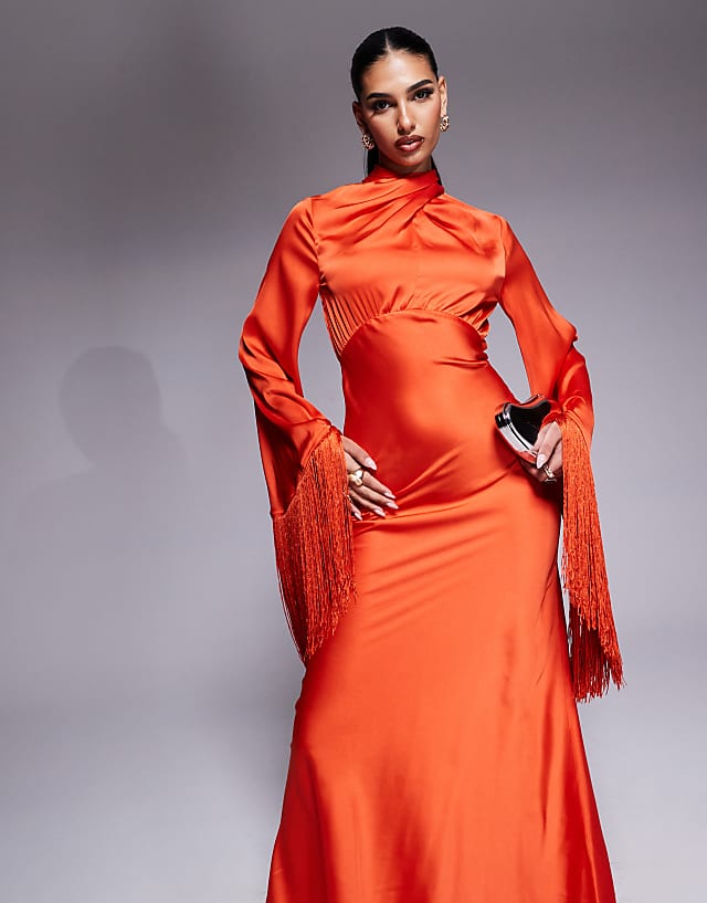 Asos ASOS DESIGN Draped Neck Satin Bias Maxi Dress With Fringe Sleeve Detail In Red
