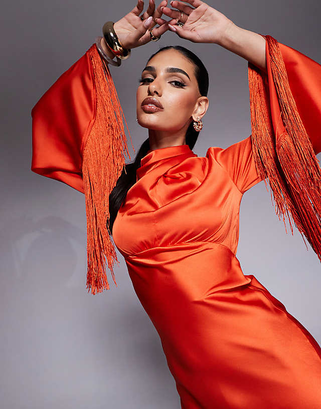 Asos ASOS DESIGN Draped Neck Satin Bias Maxi Dress With Fringe Sleeve Detail In Red