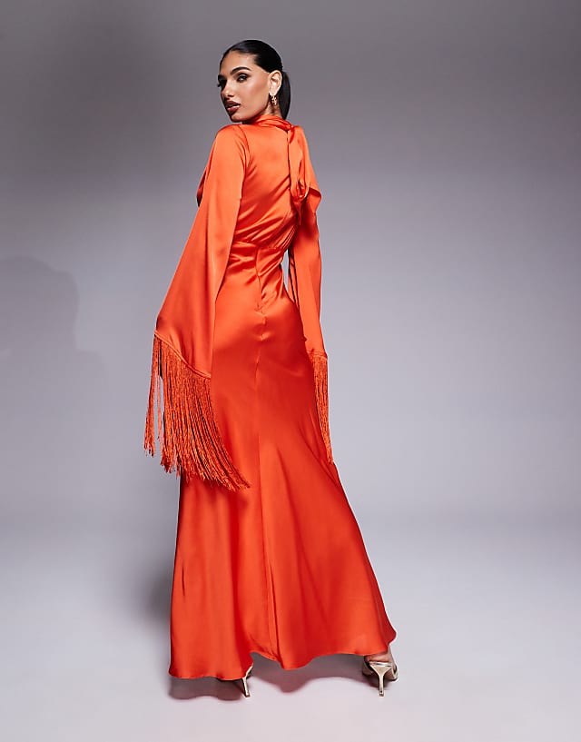 Asos ASOS DESIGN Draped Neck Satin Bias Maxi Dress With Fringe Sleeve Detail In Red