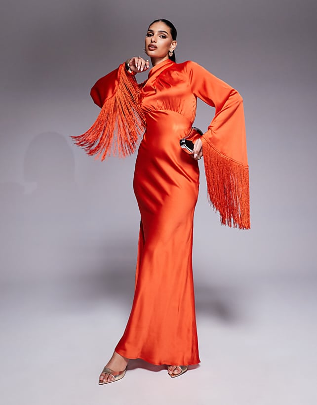 asos ASOS DESIGN draped neck satin bias maxi dress with fringe sleeve detail in red
