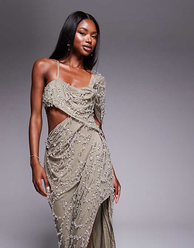 Asos ASOS DESIGN Draped Off Shoulder Bandeau Maxi Dress With Beaded Embellishment In Light Grey