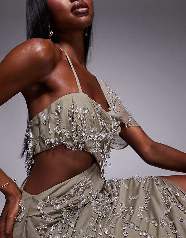 Asos ASOS DESIGN Draped Off Shoulder Bandeau Maxi Dress With Beaded Embellishment In Light Grey