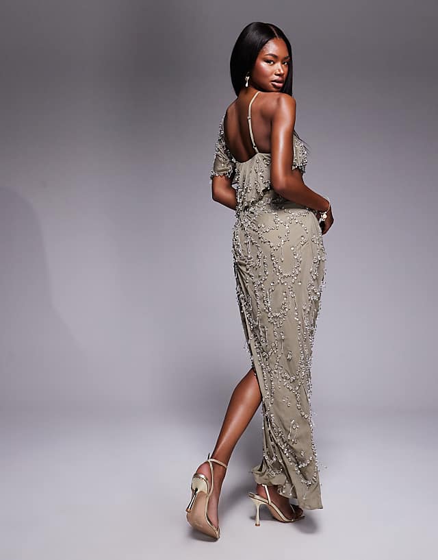 Asos ASOS DESIGN Draped Off Shoulder Bandeau Maxi Dress With Beaded Embellishment In Light Grey