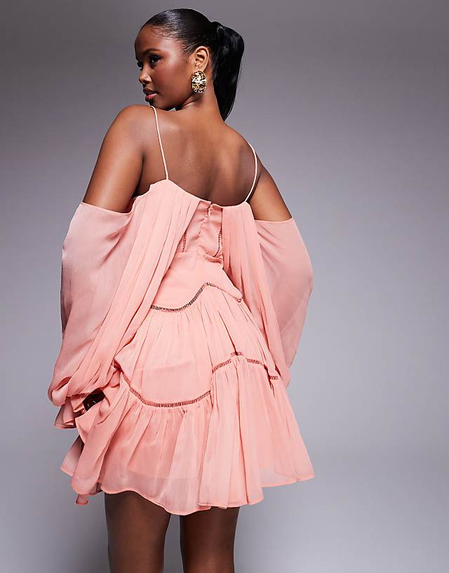 Asos ASOS DESIGN Draped Off Shoulder Tiered Mini Dress With Lace Inserts In Dusky Rose