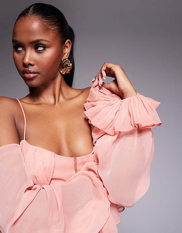 Asos ASOS DESIGN Draped Off Shoulder Tiered Mini Dress With Lace Inserts In Dusky Rose