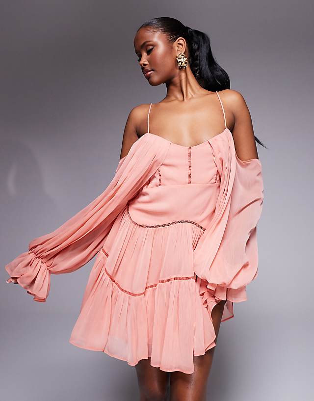 Asos ASOS DESIGN Draped Off Shoulder Tiered Mini Dress With Lace Inserts In Dusky Rose