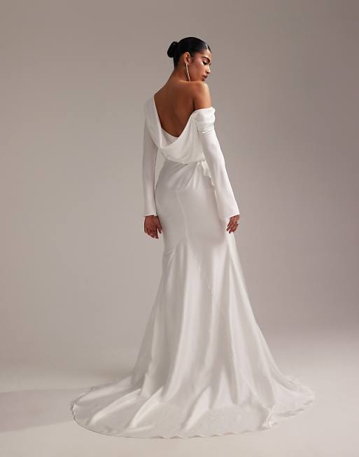 Asos ASOS DESIGN Draped One Shoulder Satin Wedding Maxi Dress In White