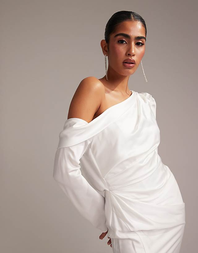 Asos ASOS DESIGN Draped One Shoulder Satin Wedding Maxi Dress In White