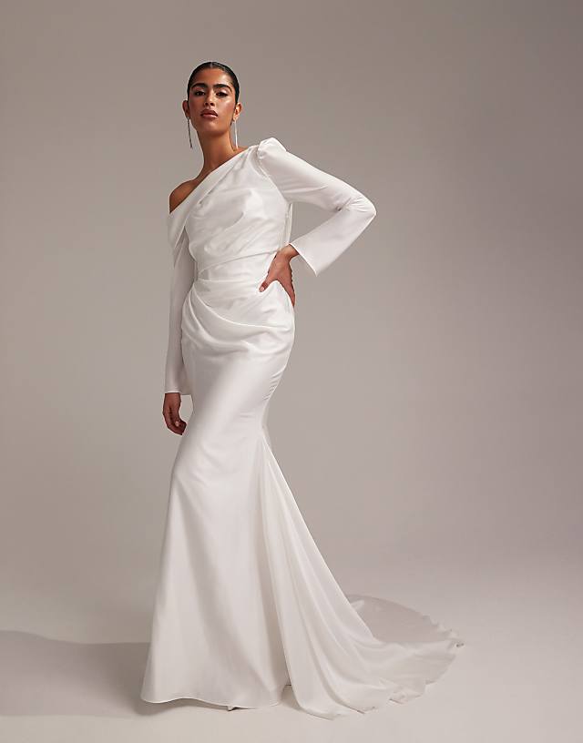 Asos ASOS DESIGN Draped One Shoulder Satin Wedding Maxi Dress In White