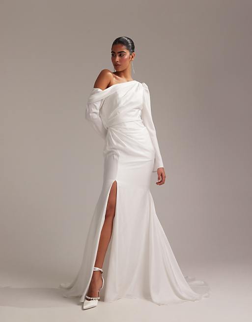 asos ASOS DESIGN draped one shoulder satin wedding maxi dress in white