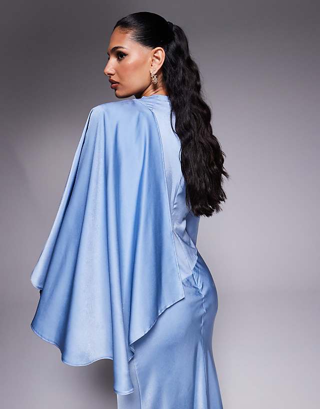 Asos ASOS DESIGN Draped Satin Bias Maxi Dress With Scarf Overlay Detail In Dusky Blue