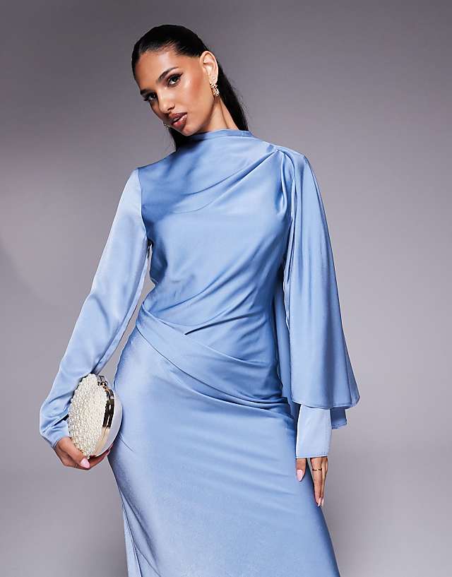 Asos ASOS DESIGN Draped Satin Bias Maxi Dress With Scarf Overlay Detail In Dusky Blue