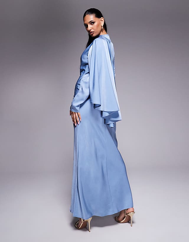 Asos ASOS DESIGN Draped Satin Bias Maxi Dress With Scarf Overlay Detail In Dusky Blue