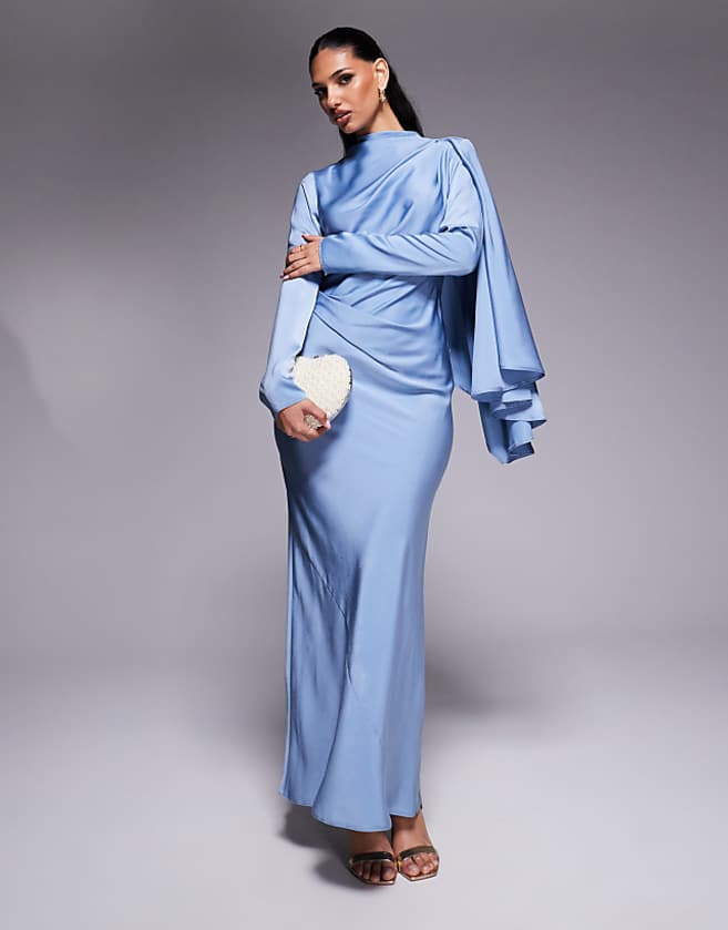 asos ASOS DESIGN draped satin bias maxi dress with scarf overlay detail in dusky blue