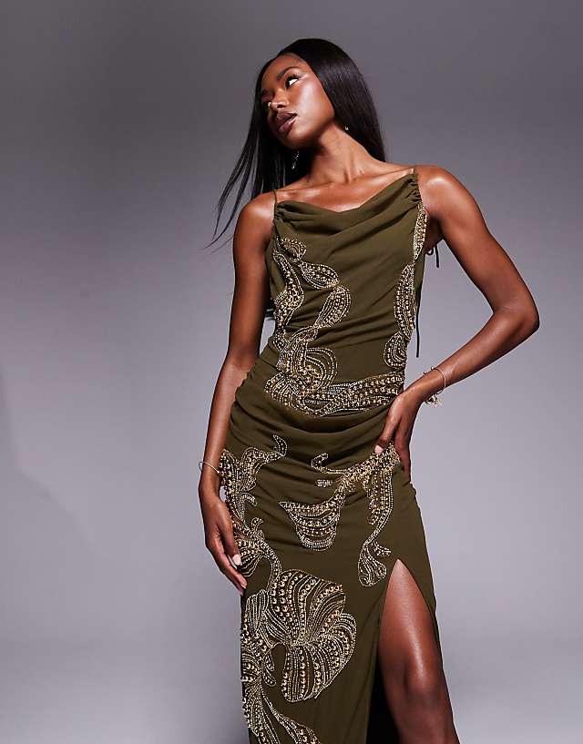 Asos ASOS DESIGN Draped Skirt Overlay Maxi Dress With Dropped Waist And Embellishment In Khaki